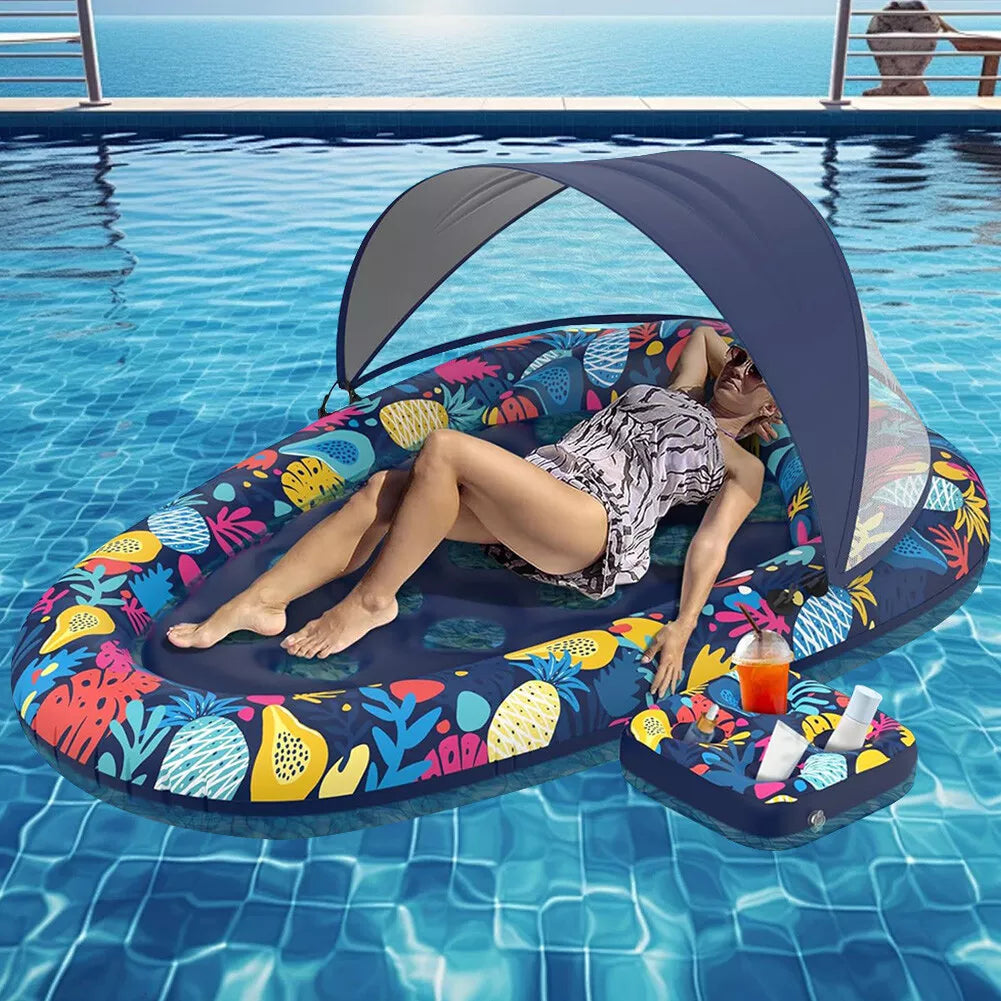 Bimini Inflatable Pool Floatie w/Sun Shade Canopy & Cup Holder