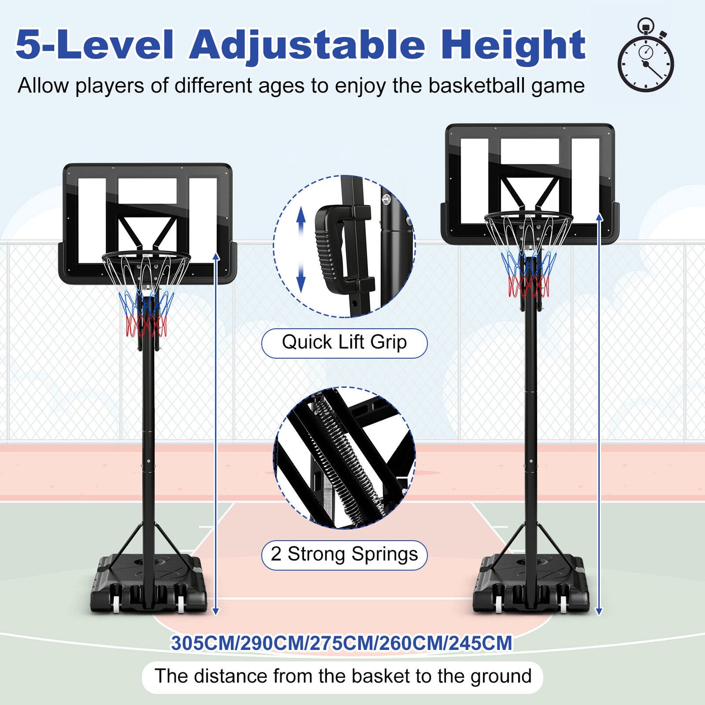 3.05m Portable Adjustable Basketball Hoop w/Secure Bag