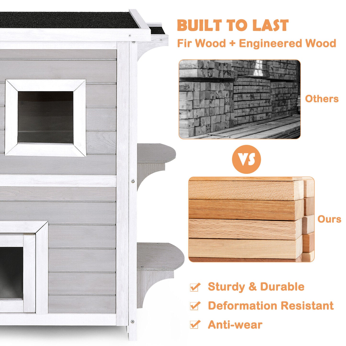 Outdoor 2 Storey Wooden Cat House w/Escape Door