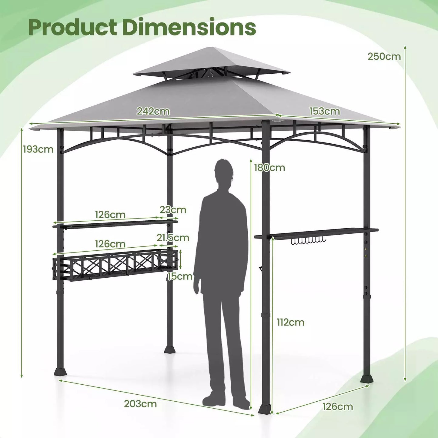 Excel BBQ Grill Gazebo w/Side Shelves & Storage Basket 242 x 153 cm