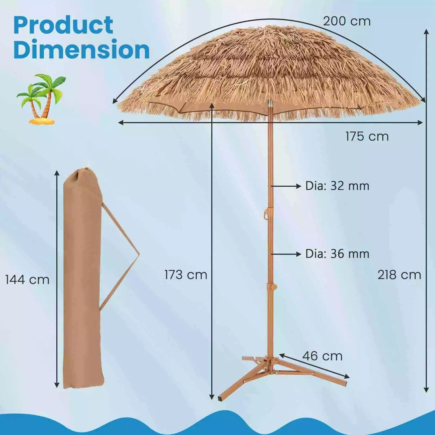 Maui Thatched Tiki Umbrella,2M Foldable