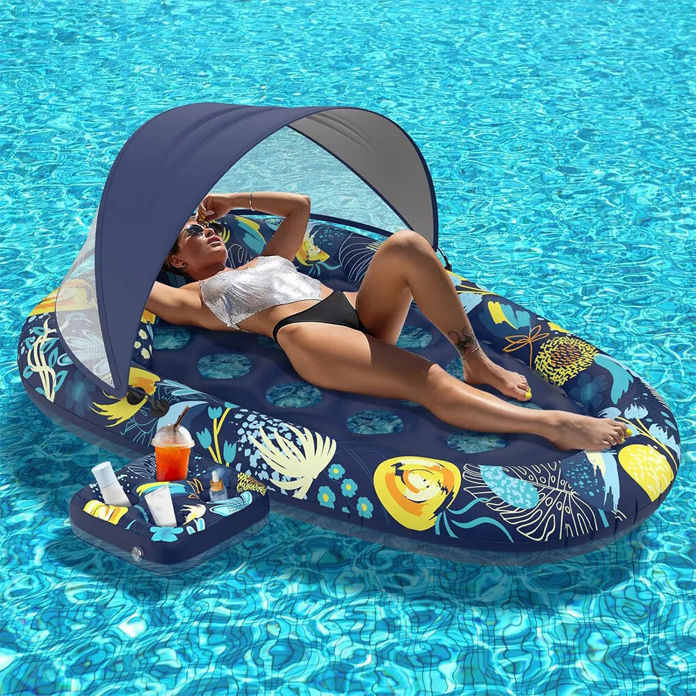 Bimini Inflatable Pool Floatie w/Sun Shade Canopy & Cup Holder