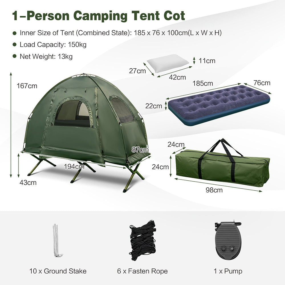 Portable 1 Person/4 Pc Set : Pop-Up Tent, Camping Cot, Air Mattress & Pillow, Sleeping Bag