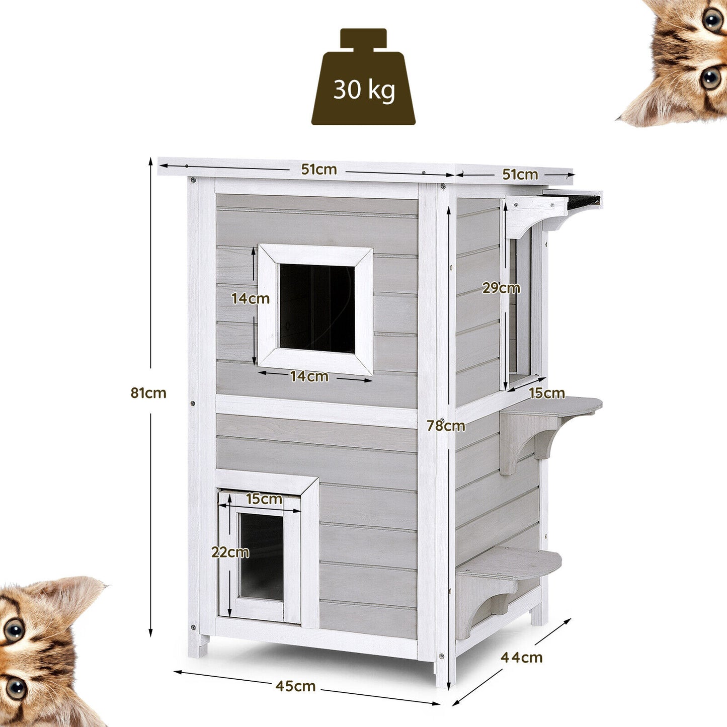 Outdoor 2 Storey Wooden Cat House w/Escape Door