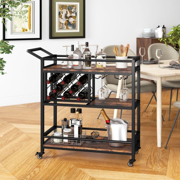 Alba 3-tier Bar Cart on Wheels w/Wine Rack & Glass Holder