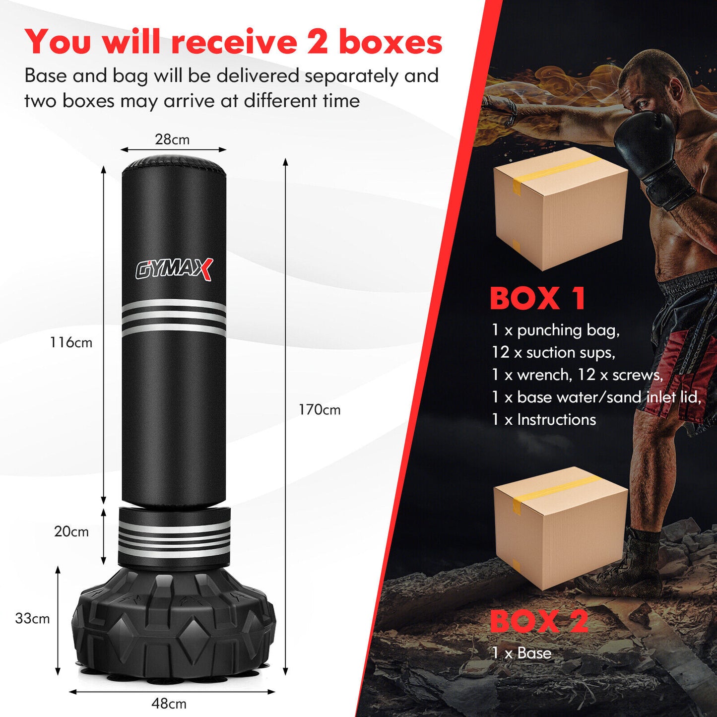 170 cm Heavy Free Standing Punching/Boxing Bag w/12 Fillable Suction Cups