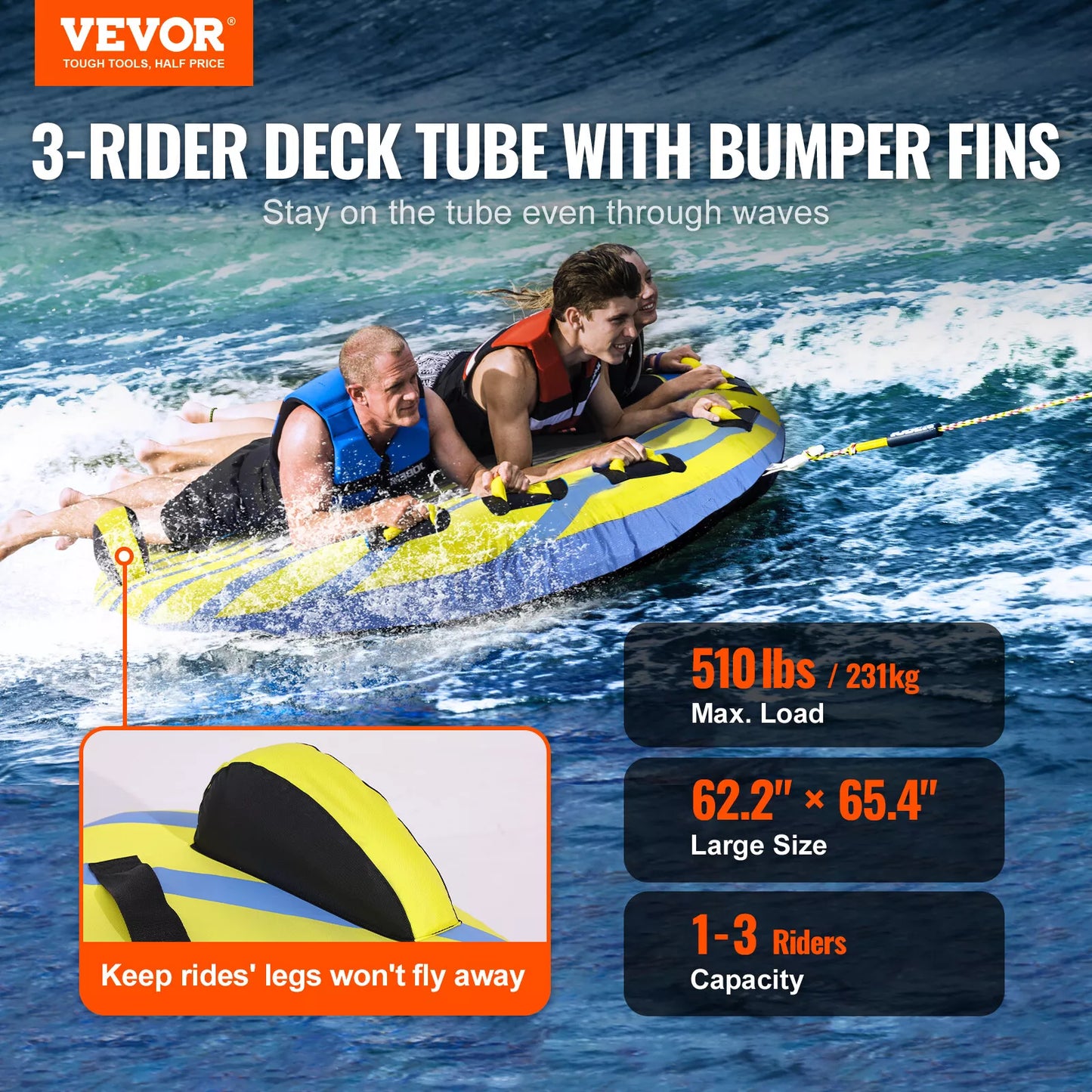 Vivo Inflatable Towable Tube - 1-3 Riders with Bumper Fins