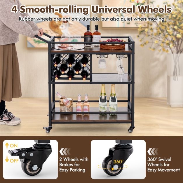 Alba 3-tier Bar Cart on Wheels w/Wine Rack & Glass Holder