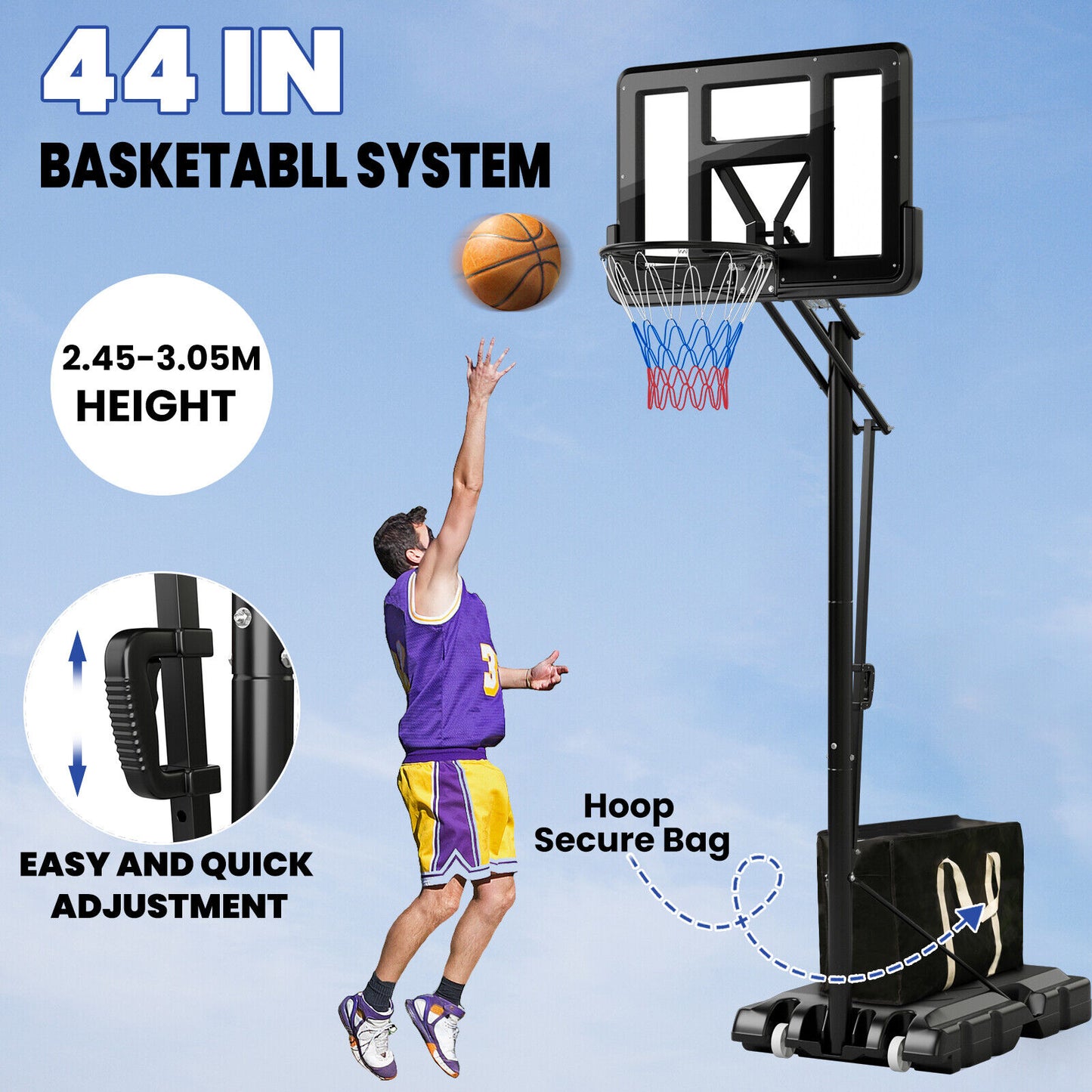 3.05m Portable Adjustable Basketball Hoop w/Secure Bag