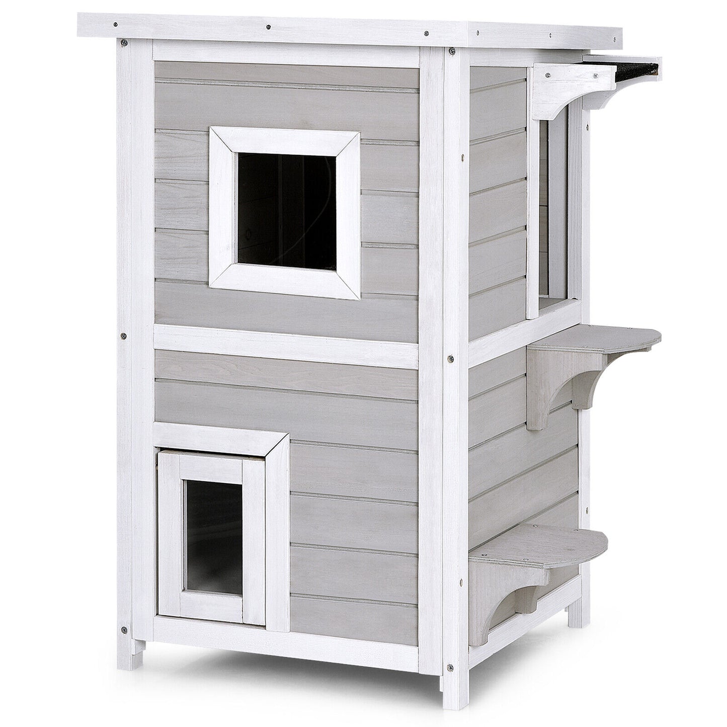 Outdoor 2 Storey Wooden Cat House w/Escape Door