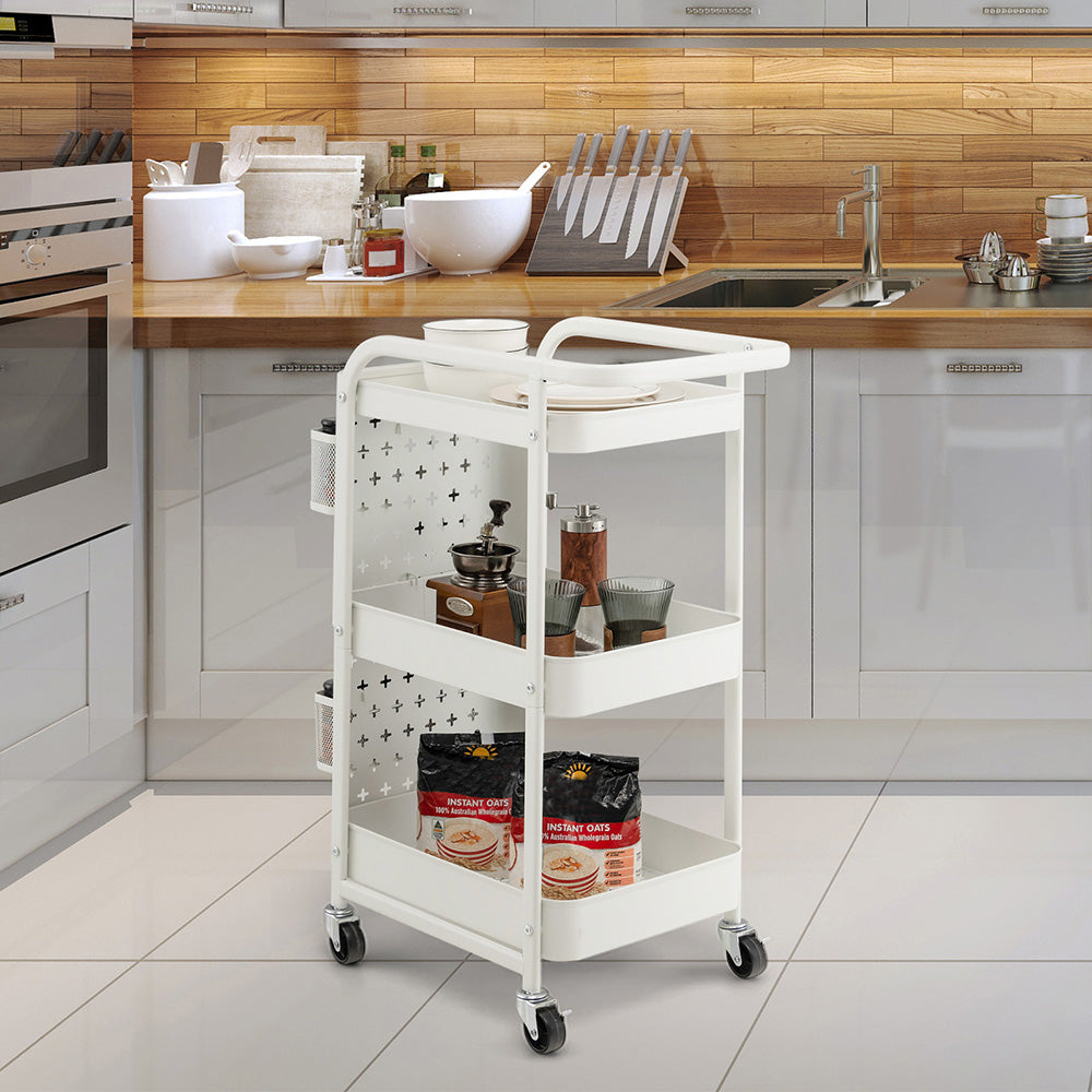 Arca 3-Tier Kitchen Storage Trolley w/ Shelves, Pegboards