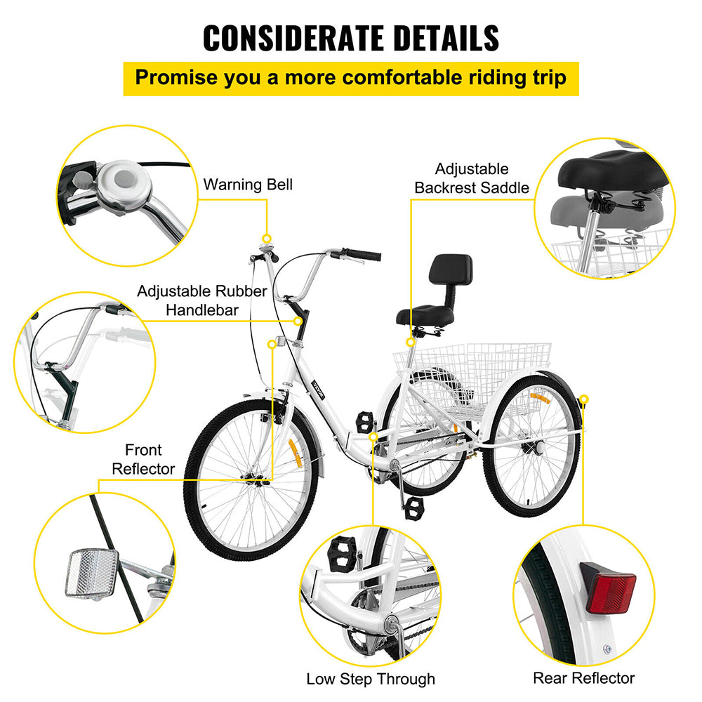 3 Wheel Foldable Tricycle 24'' Wheels 7 Speeds