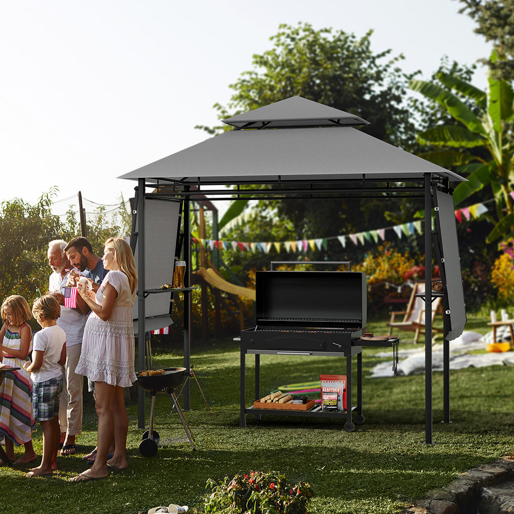 Cortona Patio Gazebo w/Side Awnings,Shelves and 2-Tier Canopy