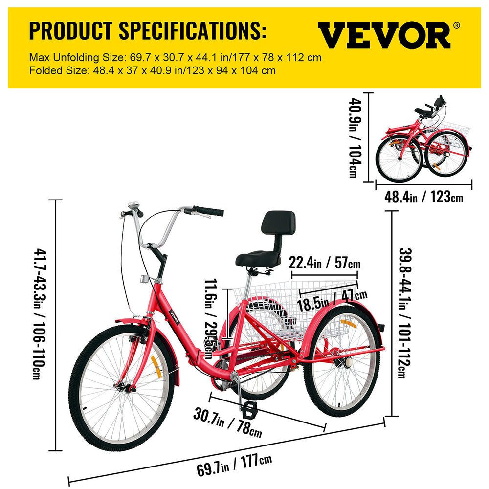 3 Wheel Foldable Tricycle 24'' Wheels 7 Speeds