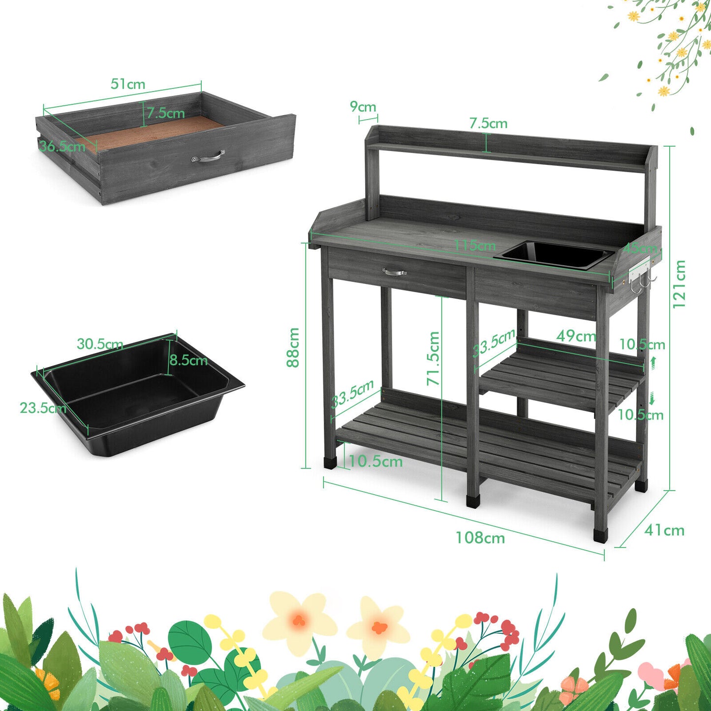 Oasis Potting Bench/Workstation w/Sink, Storage Shelf and Hooks