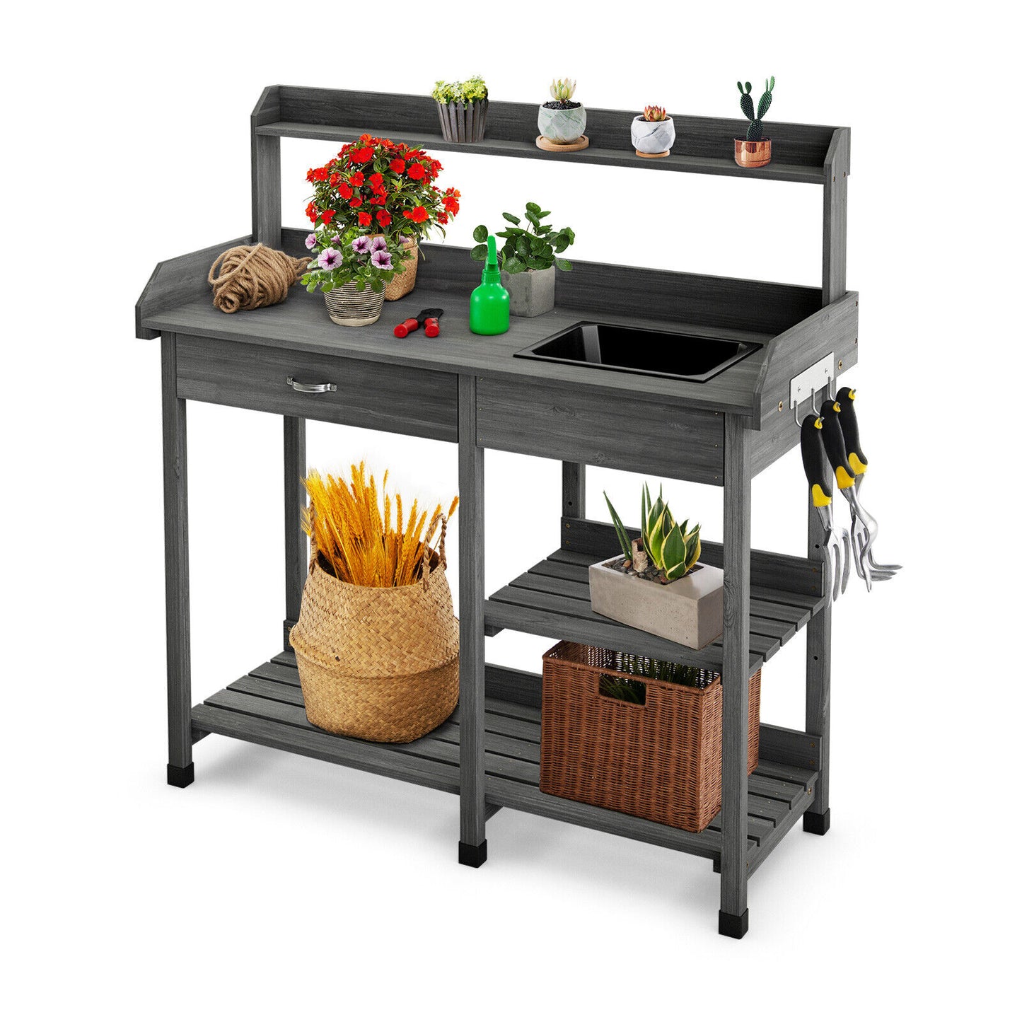 Oasis Potting Bench/Workstation w/Sink, Storage Shelf and Hooks