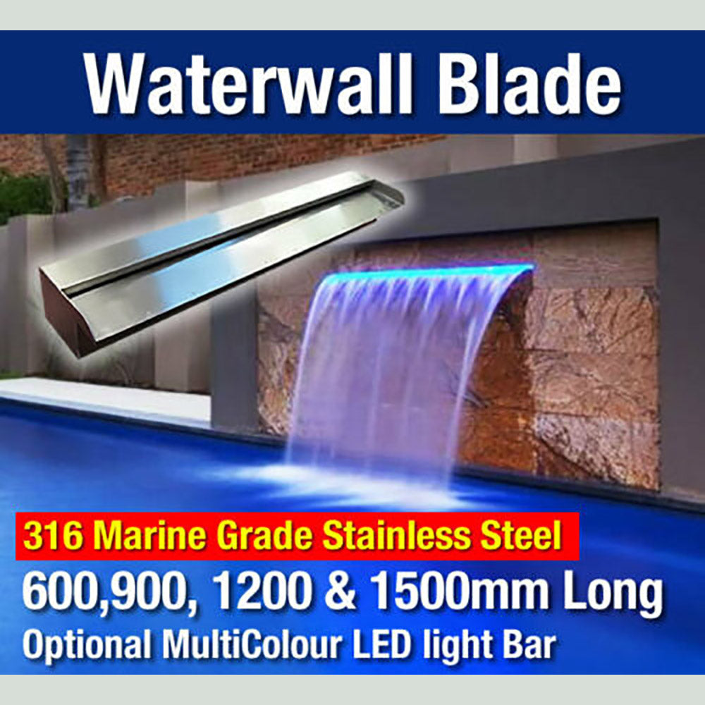 Vitalia Stainless Steel Pool Waterfall/Spillway 5 Sizes w or w/o LED