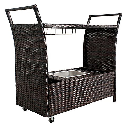 Caribbean Bar & Food Cart - in Brown Wicker - Ice Bucket, Storage, Glass Rack - Deluxe Home Delight