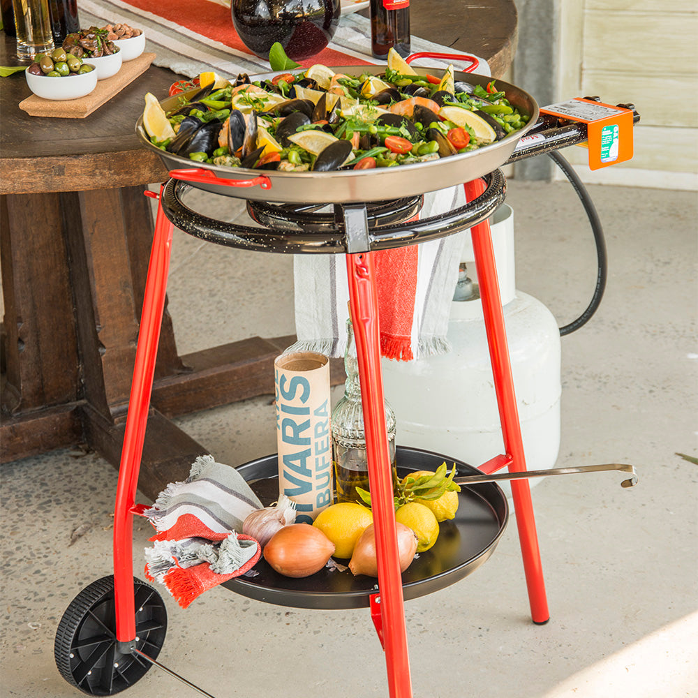 Paella Pan Set on 3 Wheels - 46cm Double Independent Gas Rings  w/Tray. Made in Spain - Deluxe Home Delight