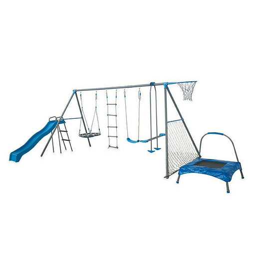 8 Station Swing Set w/Baskeball Hoop, Mini Trampoline, Soccer Goal, Slide and Ladder Climb