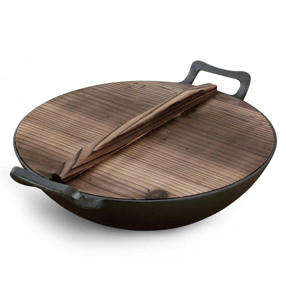 ??? GET AGAIN 36cm Cast Iron Wok/Frypan w/Wooden Lid - Non-Stick, Long Handle - Deluxe Home Delight