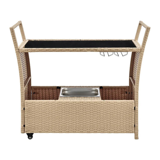 LuxLiving Woven Rattan Bar Cart w/Wine Glass Rack, Ice Bucket