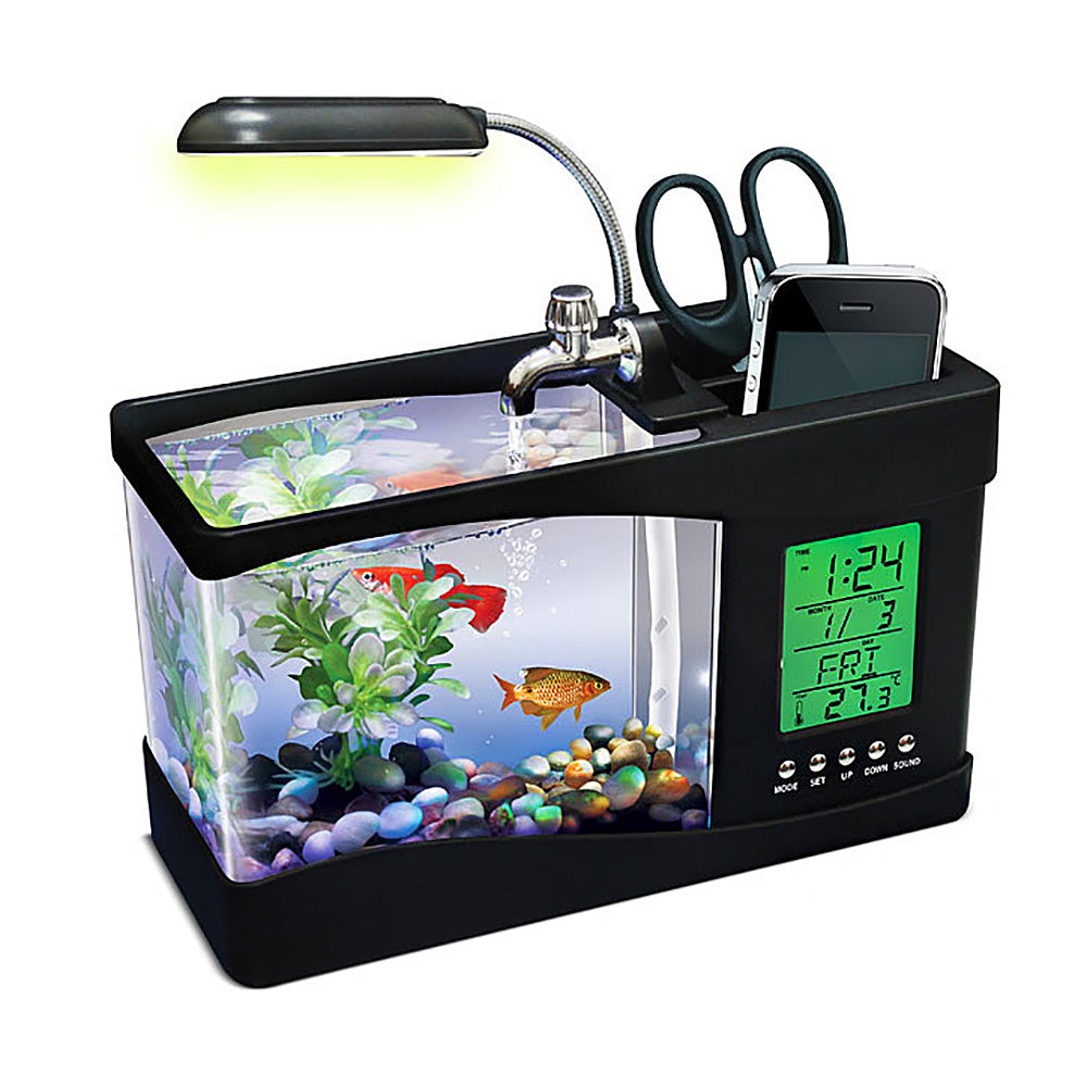 Desktop Aquarium w/LED Screen, Alarm Clock, Desk Lamp, Pencil Holder