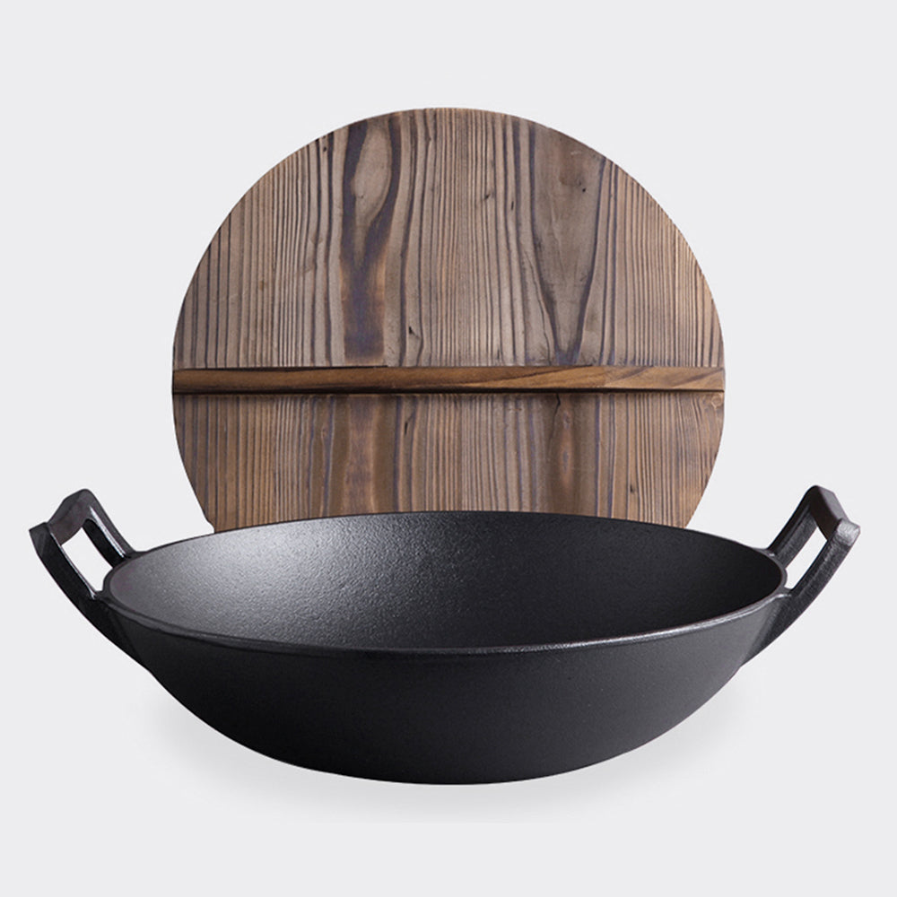 ??? GET AGAIN 36cm Cast Iron Wok/Frypan w/Wooden Lid - Non-Stick, Long Handle - Deluxe Home Delight