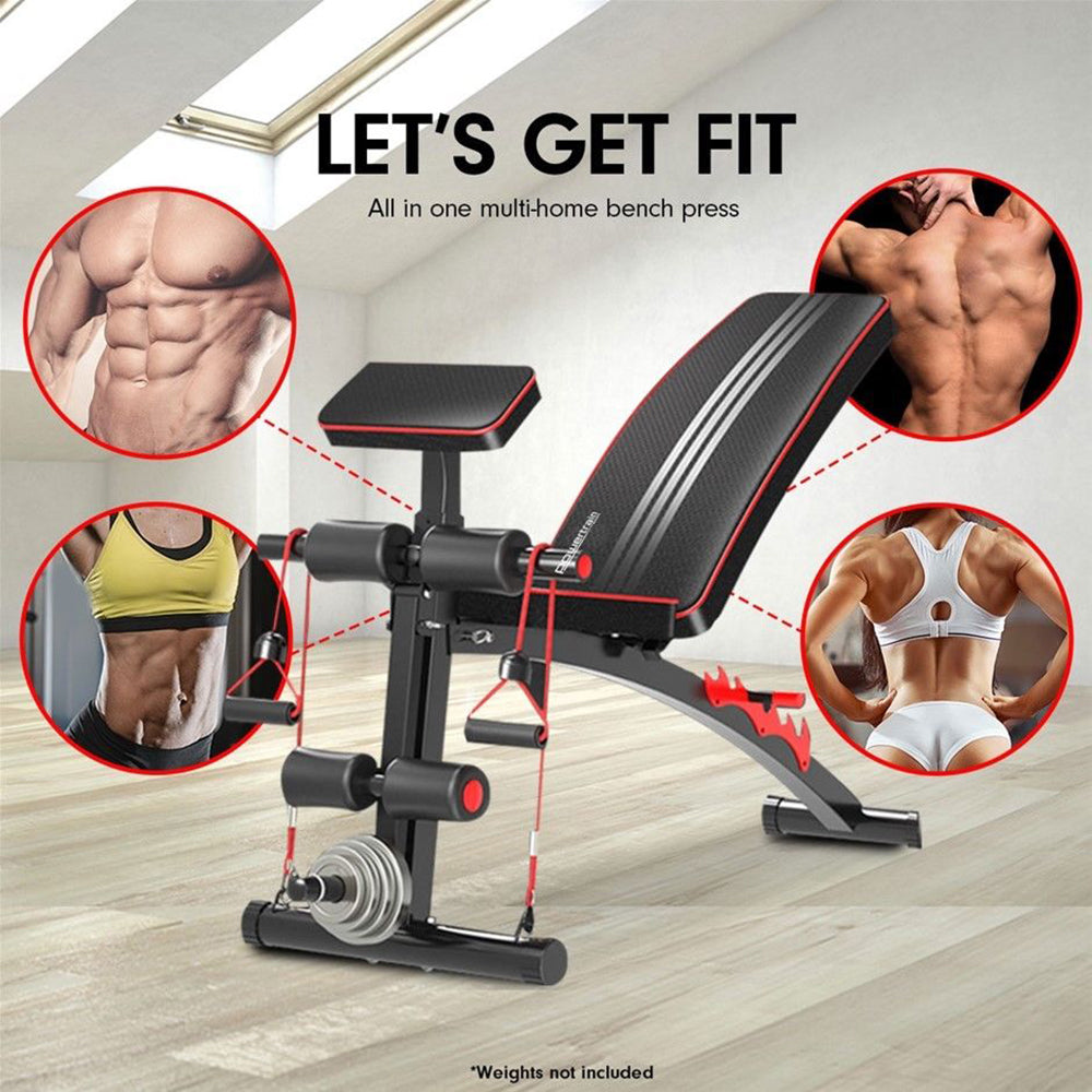 27 April Adjustable Home Gym Bench -  6 Levels, Incline Decline Flat, Preachers Curl, Complementary Bands - Deluxe Home Delight