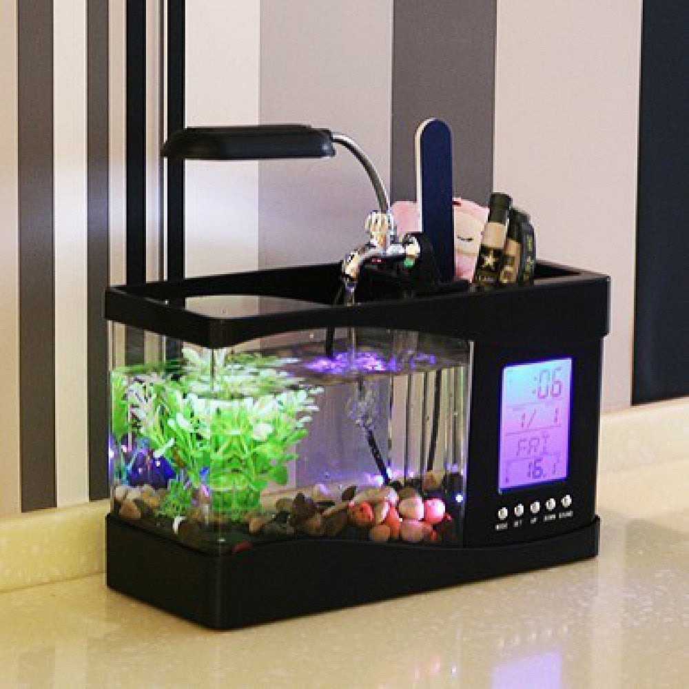 Desktop Aquarium w/LED Screen, Alarm Clock, Desk Lamp, Pencil Holder