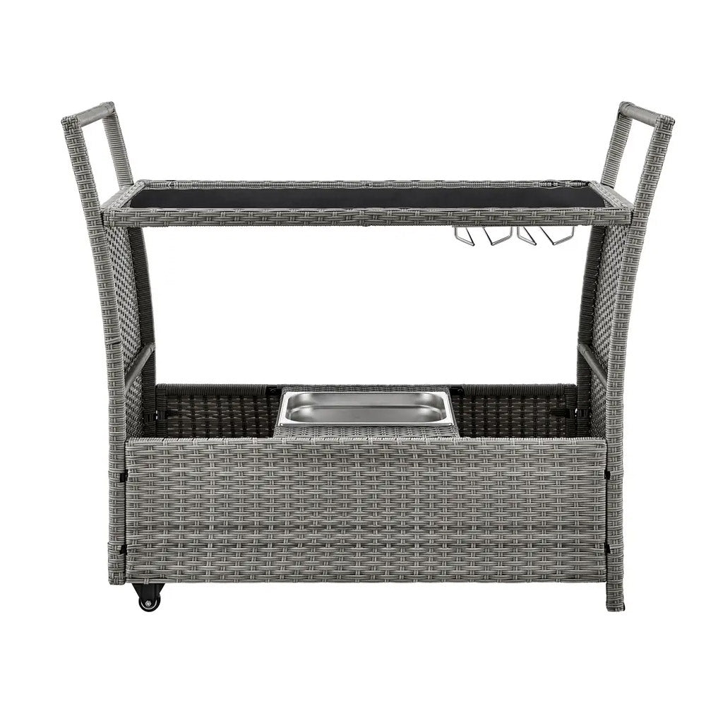 LuxLiving Woven Rattan Bar Cart w/Wine Glass Rack, Ice Bucket