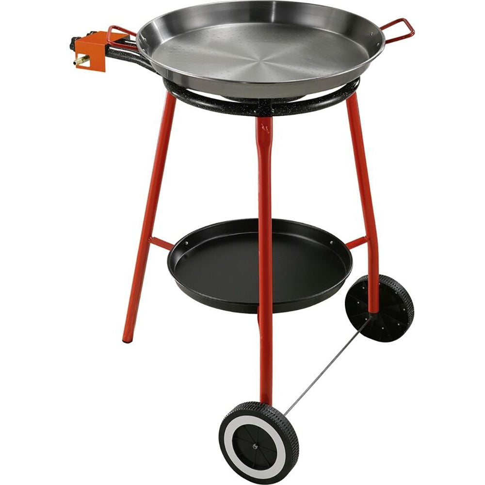 Paella Pan Set on 3 Wheels - 46cm Double Independent Gas Rings  w/Tray. Made in Spain - Deluxe Home Delight