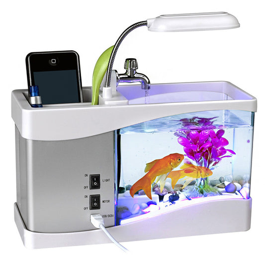 Desktop Aquarium w/LED Screen, Alarm Clock, Desk Lamp, Pencil Holder