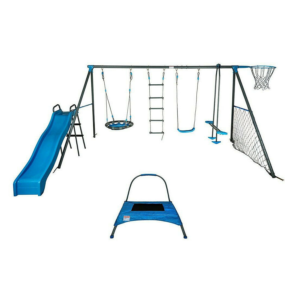 8 Station Swing Set w/Baskeball Hoop, Mini Trampoline, Soccer Goal, Slide and Ladder Climb