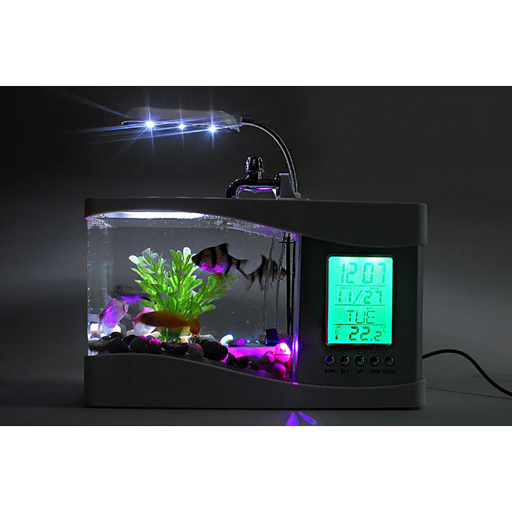 Desktop Aquarium w/LED Screen, Alarm Clock, Desk Lamp, Pencil Holder