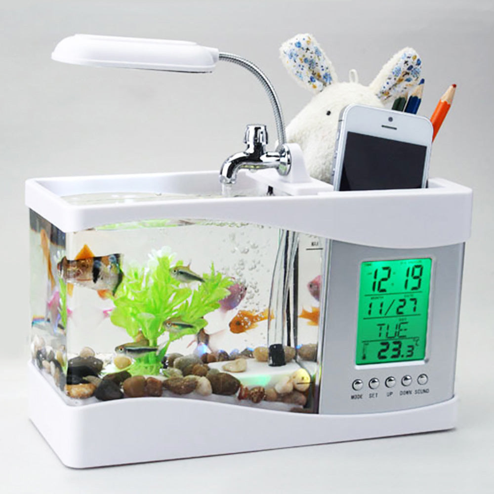 Desktop Aquarium w/LED Screen, Alarm Clock, Desk Lamp, Pencil Holder