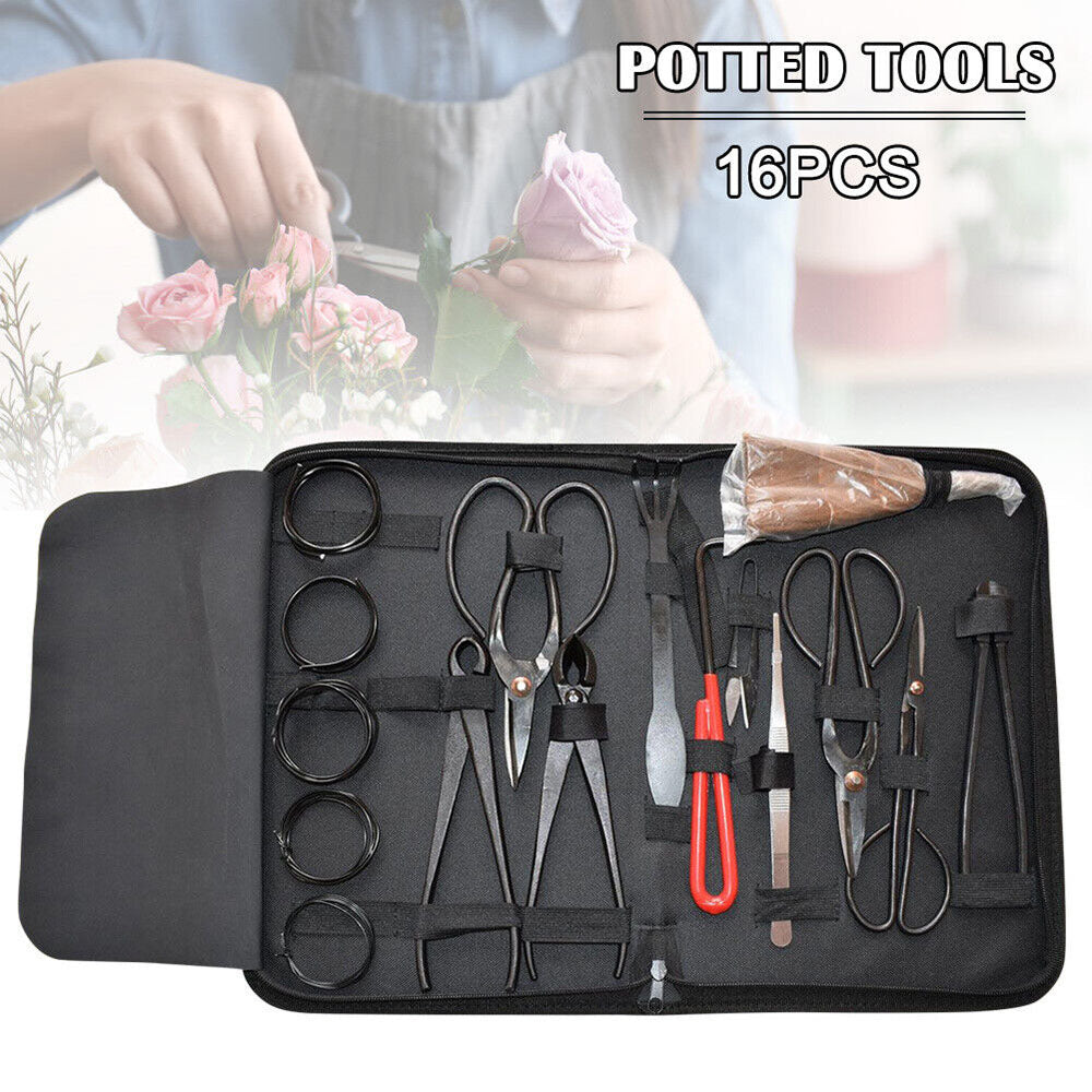 Garden Bonsai Tool Kit (16 pcs) : Carbon Steel, Nylon Case