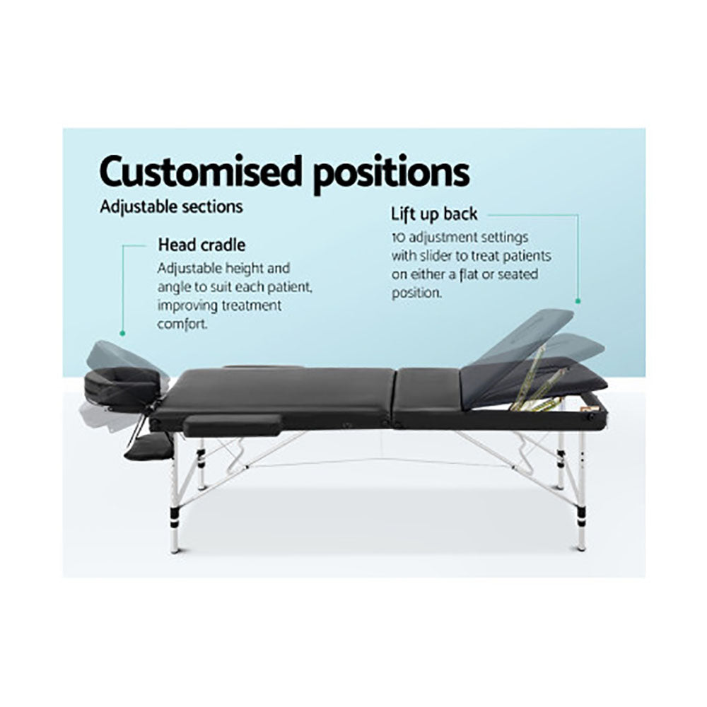 Portable Aluminium Massage Table - 3 Fold, 8 Height Adjustments up to 250kg