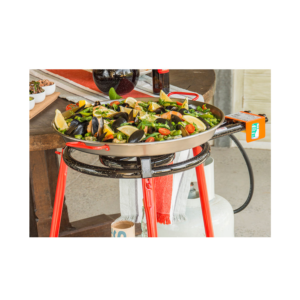 Paella Pan Set on 3 Wheels - 46cm Double Independent Gas Rings  w/Tray. Made in Spain - Deluxe Home Delight