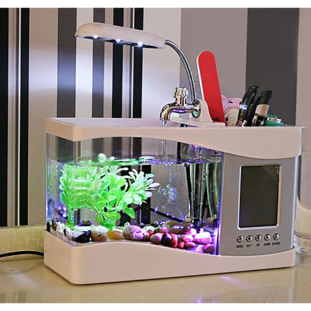 Desktop Aquarium w/LED Screen, Alarm Clock, Desk Lamp, Pencil Holder