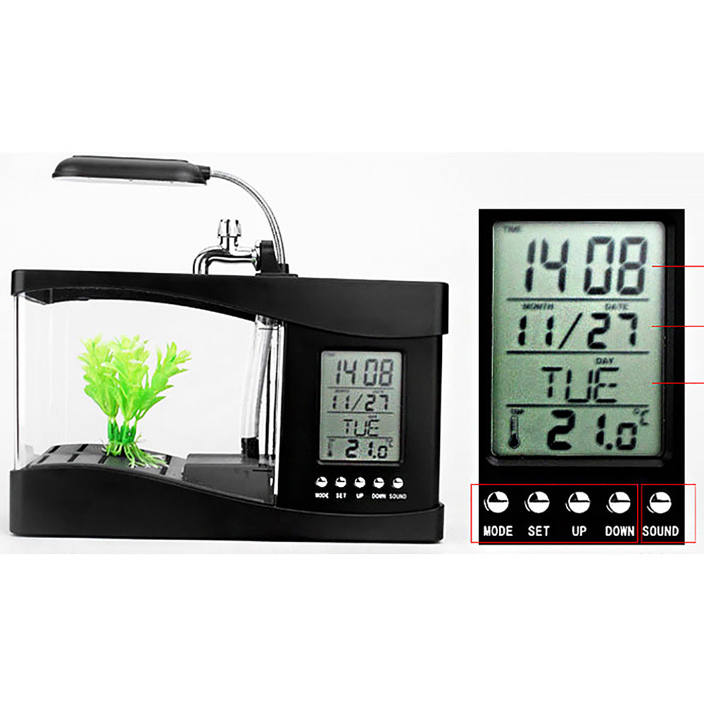 Desktop Aquarium w/LED Screen, Alarm Clock, Desk Lamp, Pencil Holder