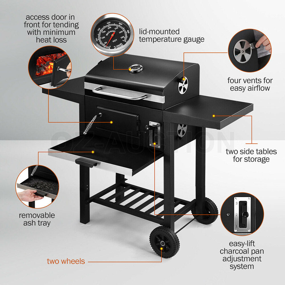 Outdoor Charcoal BBQ Grill Trolley Smoker Portable Cooking Camping Barbecue Set