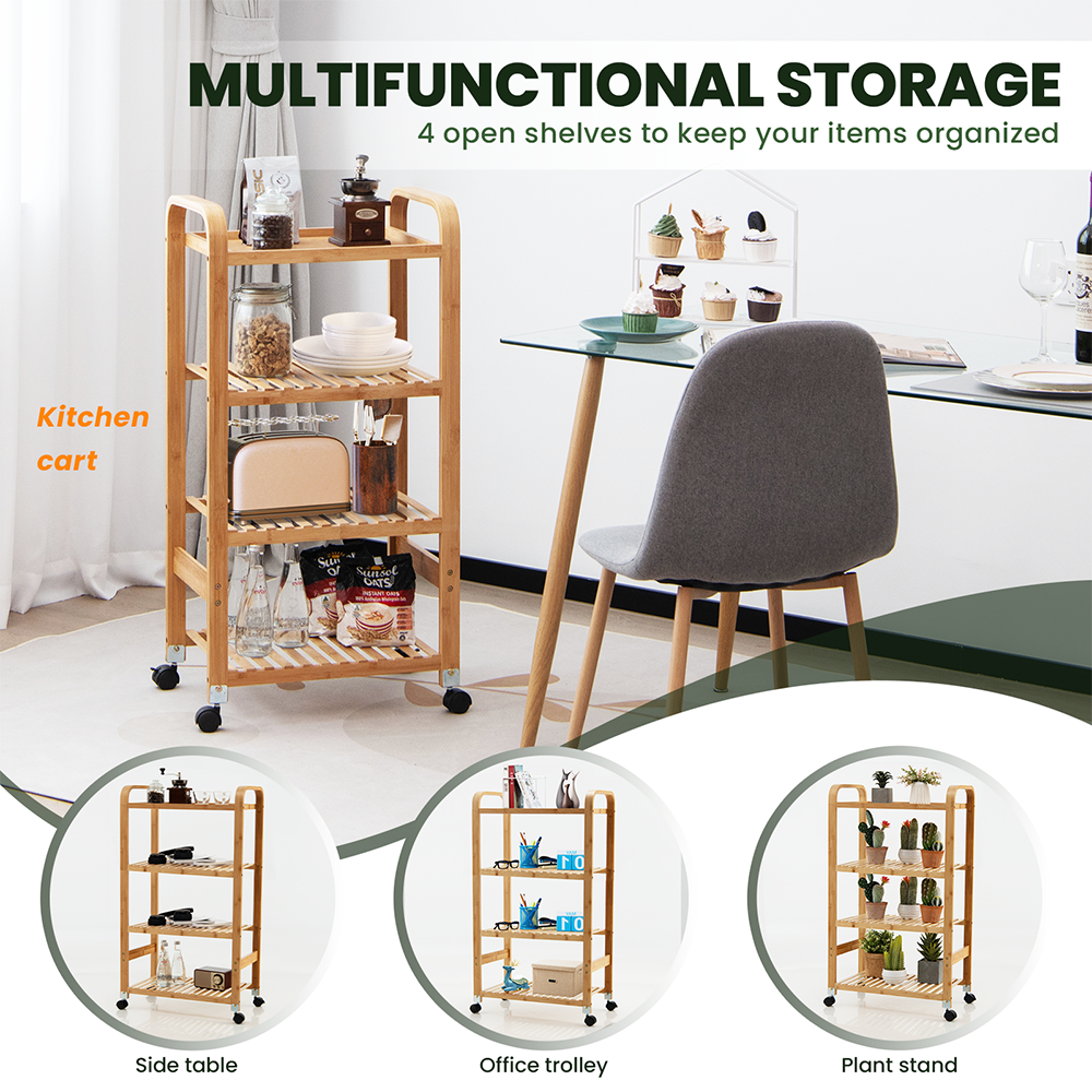 EasyLife  4-Tier Bamboo Rolling Storage Cart/Kitchen Serving Trolley