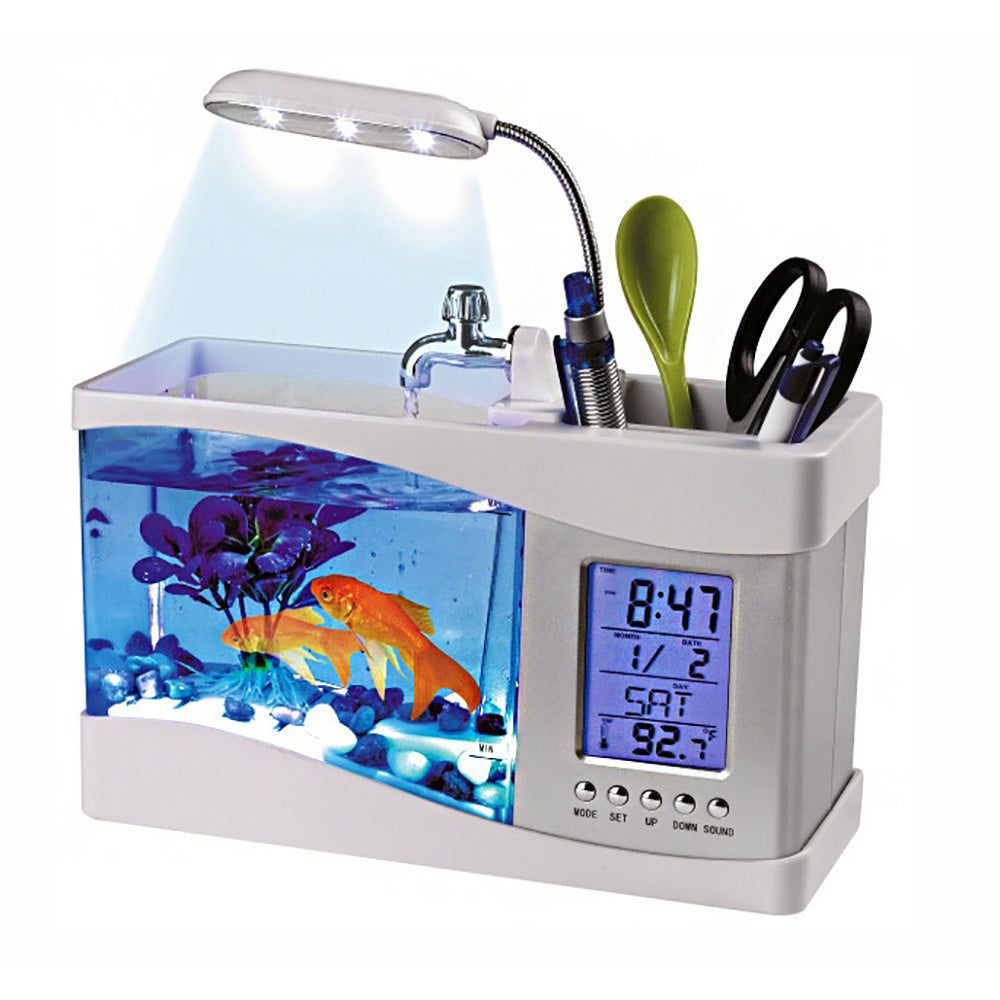 Desktop Aquarium w/LED Screen, Alarm Clock, Desk Lamp, Pencil Holder