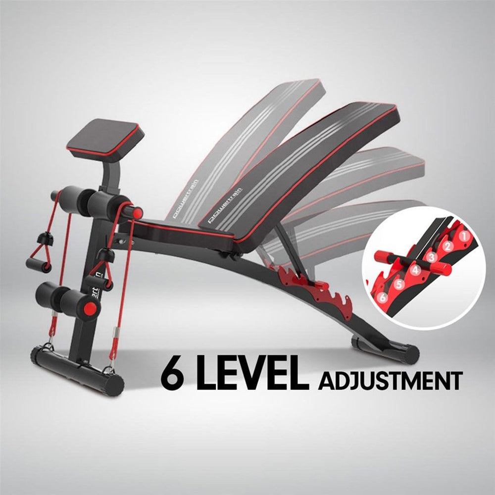 27 April Adjustable Home Gym Bench -  6 Levels, Incline Decline Flat, Preachers Curl, Complementary Bands - Deluxe Home Delight