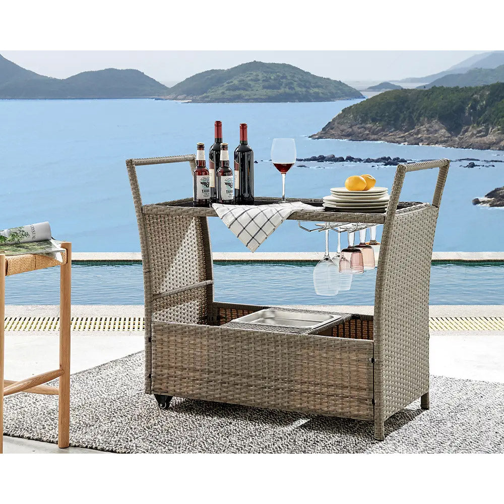 LuxLiving Woven Rattan Bar Cart w/Wine Glass Rack, Ice Bucket