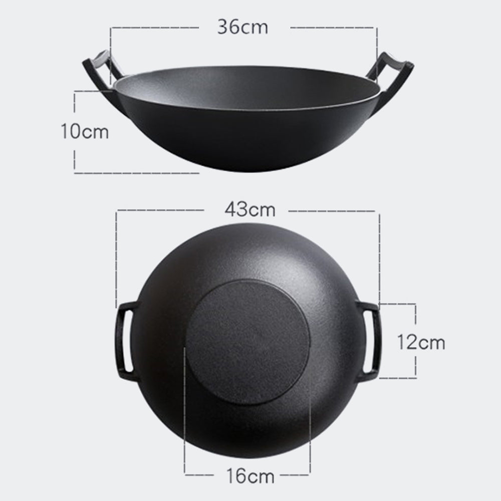 ??? GET AGAIN 36cm Cast Iron Wok/Frypan w/Wooden Lid - Non-Stick, Long Handle - Deluxe Home Delight