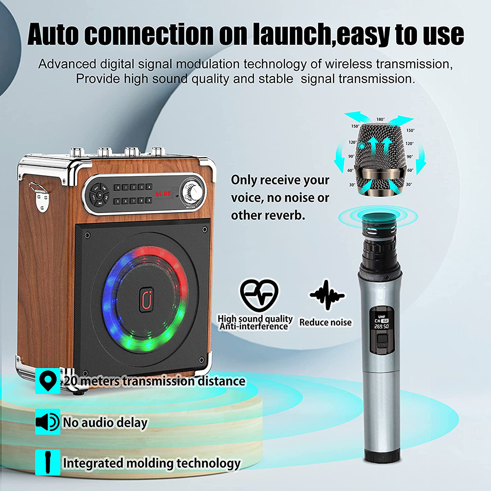 DanceDream Karaoke Machine - 2 Wireless Microphones, Portable,  Bluetooth Speaker, Remote, LED Lights