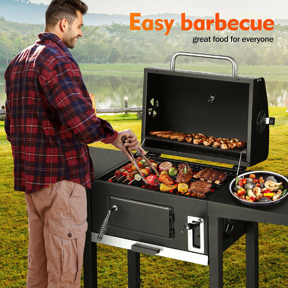 Outdoor Charcoal BBQ Grill Trolley Smoker Portable Cooking Camping Barbecue Set