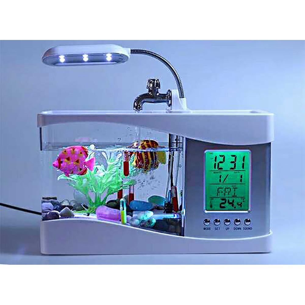 Desktop Aquarium w/LED Screen, Alarm Clock, Desk Lamp, Pencil Holder